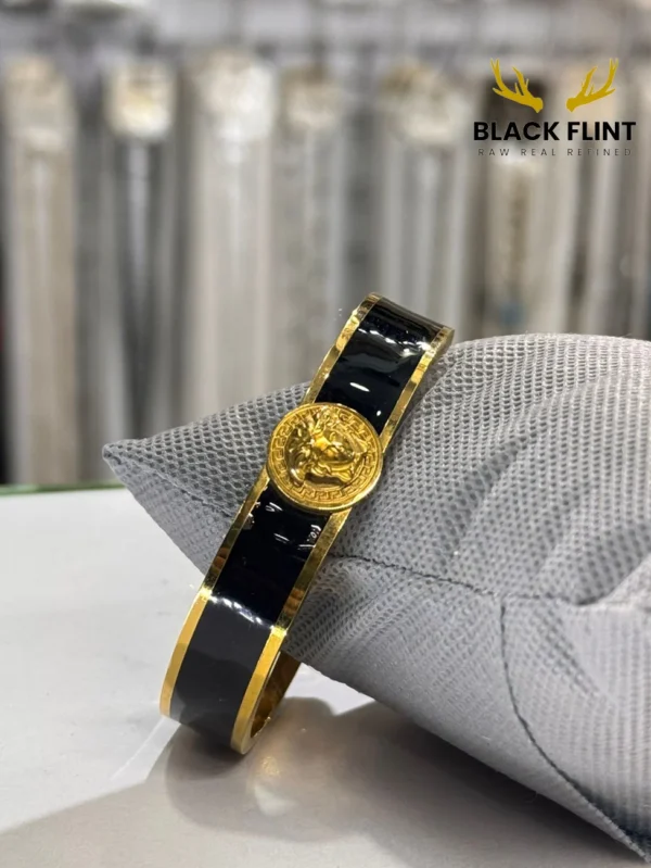 Regal Lion Crest Bangle – Silver & Onyx Luxury Edition - Black Gold