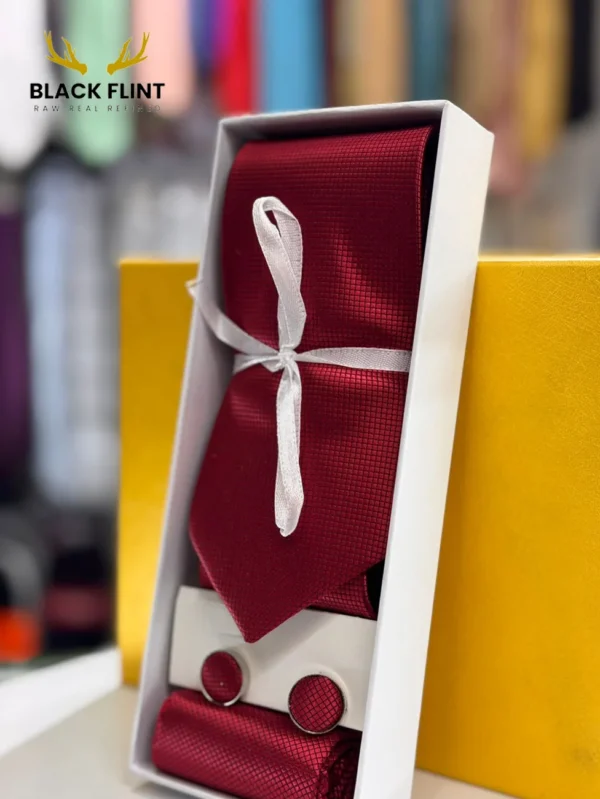 Elegant Tie Gift Set with Matching Cufflinks - Deep Red