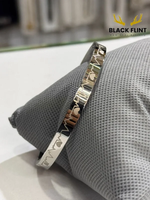 Stainless Steel Luxury Bangle – Black Flint Exclusive - Silver Heart beat